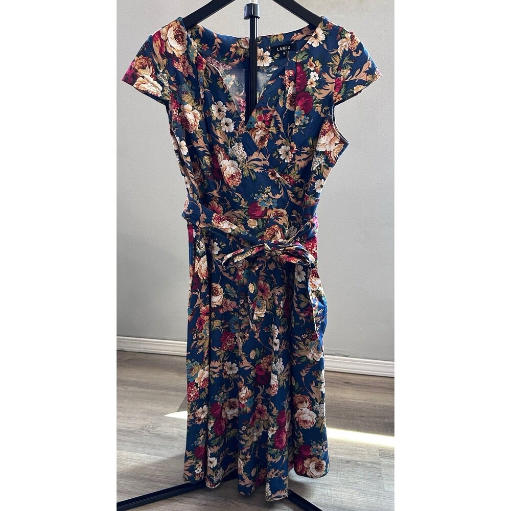LAMiU M Blue Multicolor Floral A-Line Midi Dress V-Neck Tie Waist Short Sleeve